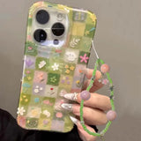 Daiiibabyyy  IND green grass grid pattern broken flower rabbit phone case with chain  for iPhone 11 12 13 14 15 16 17 Pro Max