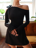 DAIIIBABYYY  -  Women Lace-Up Loungewear Sheath Dress, Spring Summer Long Sleeve Slim Mini Dress, Solid Sexy Skew Collar Ladies Party Dress