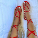 Daiiibabyyy  Shoes for Women Summer Fashion Gladiator Ladies Sandals Studded Pinch Toe  Straps Flat Casual Shoes Sandalias De Mujer
