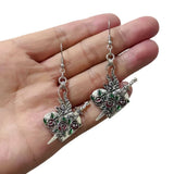 Daiiibabyyy  Gothic Retro Silver Color Sword Relief Rose Flower-shaped  Heart Pendant Dangle Earrings for Women Halloween Earrings Jewelry