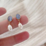 Daiiibabyyy  Sweet Oval Blue Glass Stone Drop Earrings for Women Girl Niche Elegant Imitation Pearl Dangle Earrings Daily Jewelry Accessories