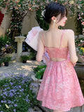 Daiiibabyyy  New Pink Romantic Floral Skirt Summer Slimming Solid Color Fashionable and Fresh Short Skirt Small Slim Strap Dress S6YW