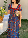 Daiiibabyyy  women's blue bubble sleeve floral dress women's summer sweet pinched waist floral  long dress