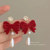 DAIIIBABYYY  -  New Romantic Winter Red Velvet Flocking Bow-knot Earrings Korean Fashion White Furry Ball Multi-style Dangle Earring Jewelry