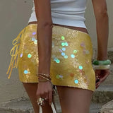 Daiiibabyyy  Ladies Elegant Side Slit Night Club Half Dresses Hot Woman Sequins Shinny Mini Skirts 2025 Solid Color Bag Hips Bodycon Skirts