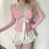 Daiiibabyyy  Fashion Sexy Sweet Bow Tie with Pink Long Sleeved T-shirt Slim Fit Slimming Spicy Girl Base Top