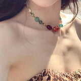 Daiiibabyyy  Colored Harajuku Beaded Star Necklace Chinese Style Ethnic Handmade Jewelry Clavicle Chain for Girl Punk Sweet Jewelry Party
