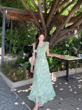 Daiiibabyyy  Green Floral Print Maxi Dress Summer Beach Vacation Essential Beautiful V-Neck Sleeveless High Waist A- Line Dress