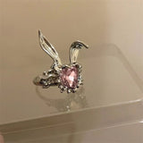 Daiiibabyyy  Korea Cute Rabbit Ear Rings Girl Women Bunny Zircon Jewelry Opening Rings For Girlfriend Sweet Cool Wind Jewelry Gifts