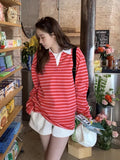 DAIIIBABYYY  -  Korean Women T Shirt 2025 A Niche Contrasting Striped Pullover Spring New American Retro Style Loose Versatile Top