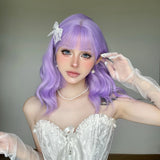 Daiiibabyyy  Lavender Purple Wavy Medium Wig Synthetic Hair Flat Bangs Cosplay Daily Party Costume Full Wigs for Women Girls