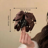 Daiiibabyyy  2Pcs Non-Slip Multi-Layer Bow Hair Claw Large Size Satin Fabric Tassel Pendant Shark Clip Acrylic Crystal Teardrop Hair Clips