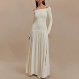 DAIIIBABYYY  -  Elegant Slash Neck Side Split Robe Dresses Spring Long Sleeve Pleated High Waist Dress Lady Sexy Off Shoulder Slim Evening Dress