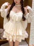 Daiiibabyyy  Winter Sweet Elegant Fashion 2 Piece Sets Women Vintage Cute Bow Design Coats + Mini Dress Japanese Casual Chic Lovely Outfits