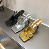 DAIIIBABYYY  -  Summer Narrow Band Women Gold Slipper Fashion Square Toe Slip On Sandal Shoes Thin High Heel Dress Sandal Shoes Slides