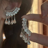 Daiiibabyyy  2Pcs/Set Shiny Water Drop Zircon Tassel Ear Clip Earrings for Women Exquisite Piercing Ear Cuff Earrings Wedding Jewelry Gift