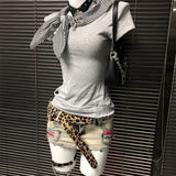 Daiiibabyyy  New American Retro Vintage Irregular Short Sleeved T-shirt Millennial Y2k Vintage Checkered Navy Collar Top