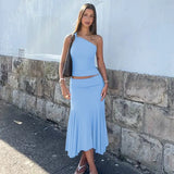 Daiiibabyyy  Casual Solid Color Off Shoulder Sleeveless Crop Top High Waist Ruffle Mini Dress with Ruched Waistband Asymmetrical Hem in