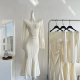 DAIIIBABYYY  -  Spring and Autumn Thickened Stretch Square Neck Long-sleeved Lace Long Dresses Women's Solid Color 3D Flower Slim Fishtail Dress