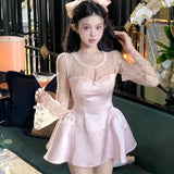 DAIIIBABYYY  -  Sweet Lace Splicing Satin A-line Dress With Beaded Round Neck Design Women's Spring Summer Style Shroud Puffy Short Dresses