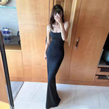 DAIIIBABYYY  -  New Women's Solid Color Slim Fit Bag Hip Street Fashion Suspender Backless Dress