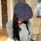 DAIIIBABYYY  -  Japanese Plaid Large Print Painter Hat Spring and Summer Breathable Literary and Fashionable Octagonal Newsboy Cap for Women