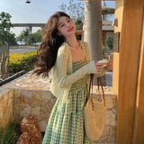 DAIIIBABYYY  -  Sweet Girl Off-shoulder Sleeveless Slim Waist Plaid Camisole Dress + Solid Color V-neck Thin Knitted Smock Cardigan 2-piece Set