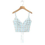 Daiiibabyyy  V-neck Lace-Up Back Camisole With Low-Waist Pleated Plaid Skirt For Women Plaid Top Ruffled Mini Skirt Lace Trim Outfit 046N