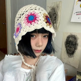 DAIIIBABYYY  -  Bohemian Mori Women's Hats Ins Korean Version Spring and Summer Vacation Bucket Hat Handmade Flower Fresh Crochet Beanies