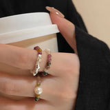 DAIIIBABYYY  -  Retro Beaded Pearl Ring for Women Fade-Resistant Unique Design Finger Ring Colorful Beaded Geometric Shape Temperament Jewelry