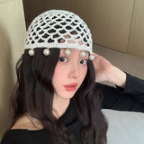 DAIIIBABYYY  -  Solid Color Versatile Handmade Hollow Crocheted Knitted Hat For Women Girls Personalized Beaded Design Hollow Pullover Hat Gifts