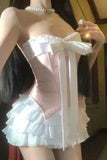 DAIIIBABYYY  -  Hot Girl Pure Sexy Suit Women's Spring and Summer Pink Bow Strapless Top High Waist A-line Skirt Two-piece Set Female Clothes