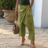 Daiiibabyyy  Women's Baggy Pants Cotton Linen Harem Trousers High Waist Wide Leg Pants Wrap Front Cropped Solid Color White Olive Green Pants