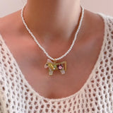 Daiiibabyyy  Cute Candy Color Rhinestones Acrylic Cartoon Horse Pendant Necklaces for Women Simulated Pearl Strand Sweater Chain Choker