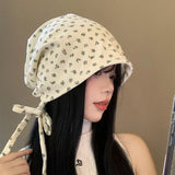 Daiiibabyyy  Floral Beanies Straps Baotou Stacking Hat Female Headscarf Retro Cold Hat Big Head Circumference Skullies Korean Loose Hat