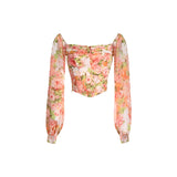Daiiibabyyy Off Shoulder Floral Chiffon Shirt 2024 Summer French Design Sense Niche Bubble Long Sleeve Top Elegantes Women Evening Dresses