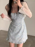 DAIIIBABYYY  -  Korean Splicing Fungus Edge Floral Suspender Dress Women Summer New Style French Small Fresh Lace Up Short Vestidos