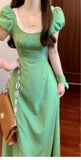 DAIIIBABYYY  -  French Bubble Sleeve Wave Point Green Dress For Women Summer New Seaside Vacation High Waist Temperament Long Style Dresses