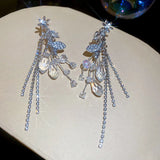 Daiiibabyyy  Inlaid Rhinestone Crystal Flowers and Leaves Tassel Ear Clips New Exquisite Earrings Light Luxury High-end Earrings for Women