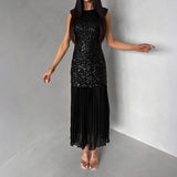 Daiiibabyyy  O-neck Sparkly Sequins Party Long Dress Women's Fashion Patchwork Waist Slim Maxi Dress Casual Sleeveless Birthday Evening Gowns