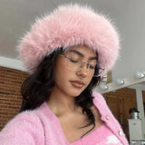 Daiiibabyyy  New Fashion Faux Rabbit Fur Bucket Hat for Women's Russian Luxury Fluffy Warm Wrap Winter Hat Fuzzy Plush Beanies Hat Y2k