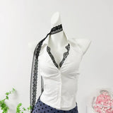 DAIIIBABYYY  -  Hot Girl Suit Women's Summer Turn-down Collar Slim Fit Lace Sleeveless Shirt High Waist Mini Skirt Two-piece Set Female Clothes