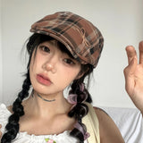 Daiiibabyyy Original Bow Contrasting Color Plaid Newsboy Hats for Women Show Face Summer Thin Versatile Sunscreen Vintage Berets Cap Y2k