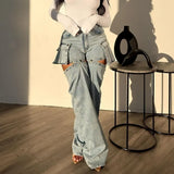 DAIIIBABYYY  -  Women Hollow Out Hipster Detachable Jeans Pants Fashion Button Fly Zipper 3D Pocket Casual Denim Trousers Y2k Streetwear Bottoms
