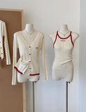 DAIIIBABYYY  -  Women's V-neck Long-sleeved Bow Single-breasted Sweater Cardigan Jackets + Off-shoulder Sleeveless Camisole Tops Two-piece Set