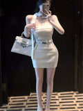 DAIIIBABYYY  -  New Fashion Off Shoulder White Knitted Pencil Dress Women Slash Neck Belted Mini Dress Strapless Sleeveless Slim Bottoming Dress