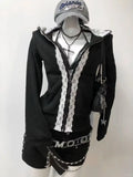 Daiiibabyyy  Autumn New Black Lace Hoodie Jacket Women Y2k Light Asian Style Millennium Spicy Girl Slim Fit Waist Slimming Top