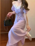 DAIIIBABYYY  -  French Gentle Splicing Lace Purple Bubble Sleeve Dress For Women Summer New Style High End Concealed Waist Elegant Long Dresses