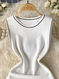 DAIIIBABYYY  -  Hit Color Stripe Knitting Tunic Dresses For Women Round Neck Sleeveless High Waist Temperament Dress Female Fshion Style