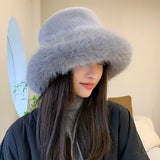 Daiiibabyyy  Big Fluffy Faux Fur Bucket Hat for Women Luxury Plush Fisherman Hat Warm Winter Hat Thicken Cold Snowy Day Panama Cap